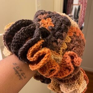 Handmade Crochet Granny Square Ruffle Bucket Hat- Latte Stripe